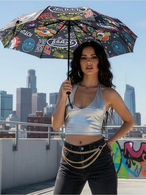 Von Dutch Black Jax Umbrella with Multicolor Graphic Print